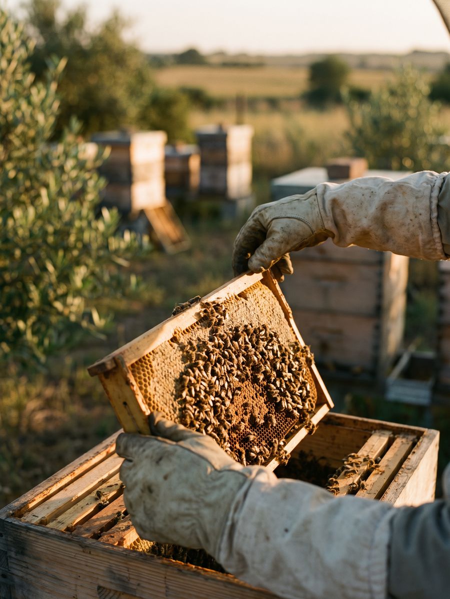 A beekeeper's gloved hands lifting a frame of bees from a hive