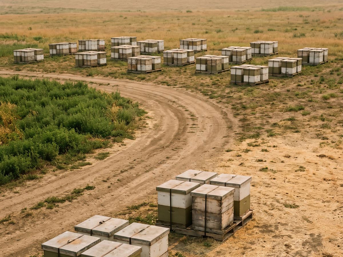 Overhead view of pallets of beehives spread across a dry bee yard